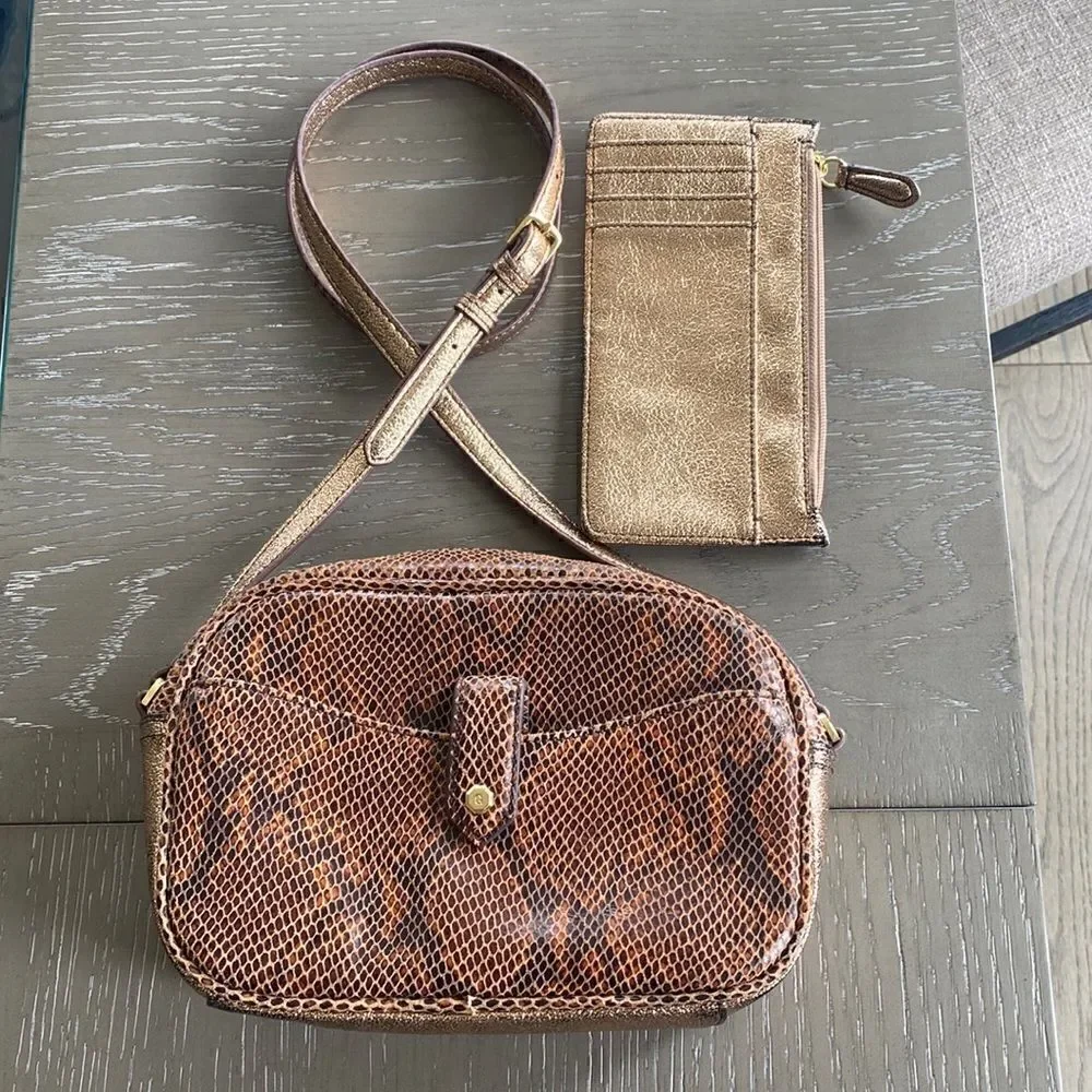 G.I.L.I Women’s Snake Print Leather Gold Rose Crossbody Bag Purse and Wallet Set